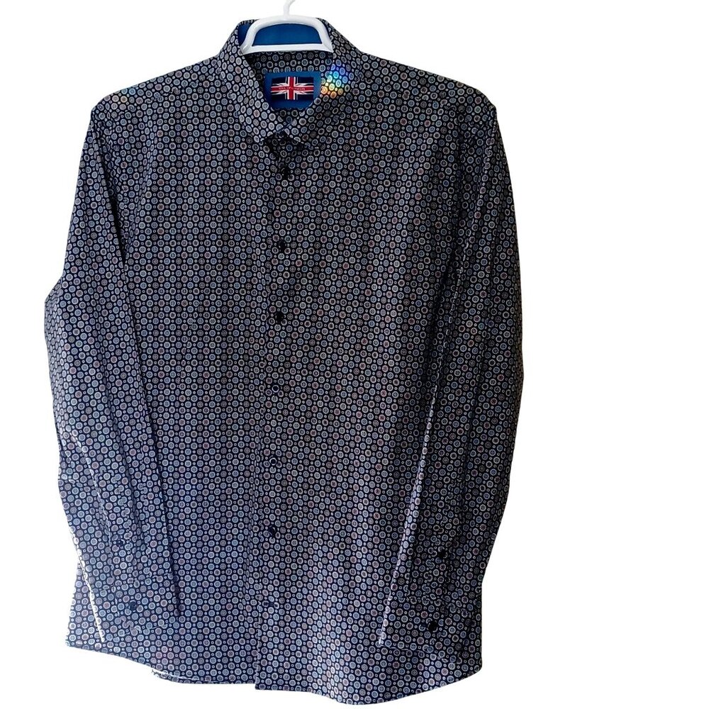 Soul of London Mens XXL Blue Floral Geometric Long Sleeve Button-Down Shirt